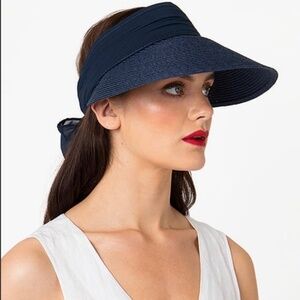 Blue sun visor w bow ribbon back, Pia Rossini new August visors hat sunhat hats.